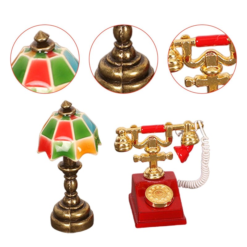 Miniatúrna lampa do domčeka pre bábiky a sada rotačného telefónu, mini stolová lampa v mierke 1/12 pre mini izbu, dioráma do domčeka pre bábiky, párty darčeky.
