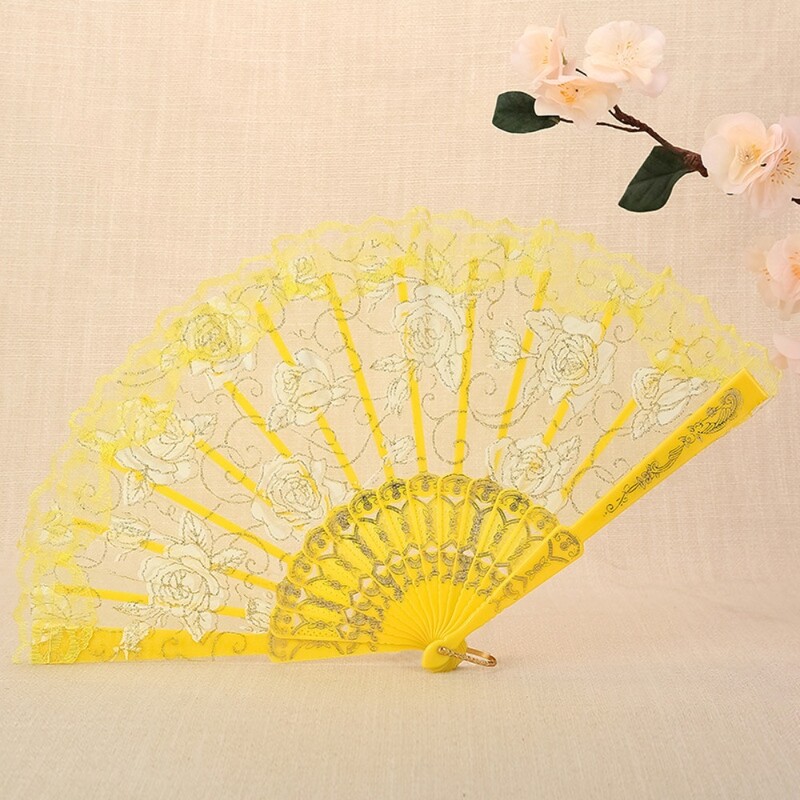 Műanyag nyéllel női csipke kézi ventilátor otthoni dekoráció áttetsző kézi tánclegyező rózsamintás spanyol legyező tánc kellék