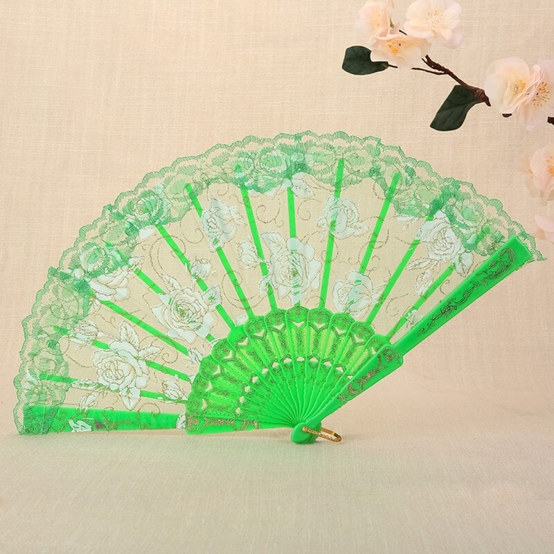 Műanyag nyéllel női csipke kézi ventilátor otthoni dekoráció áttetsző kézi tánclegyező rózsamintás spanyol legyező tánc kellék