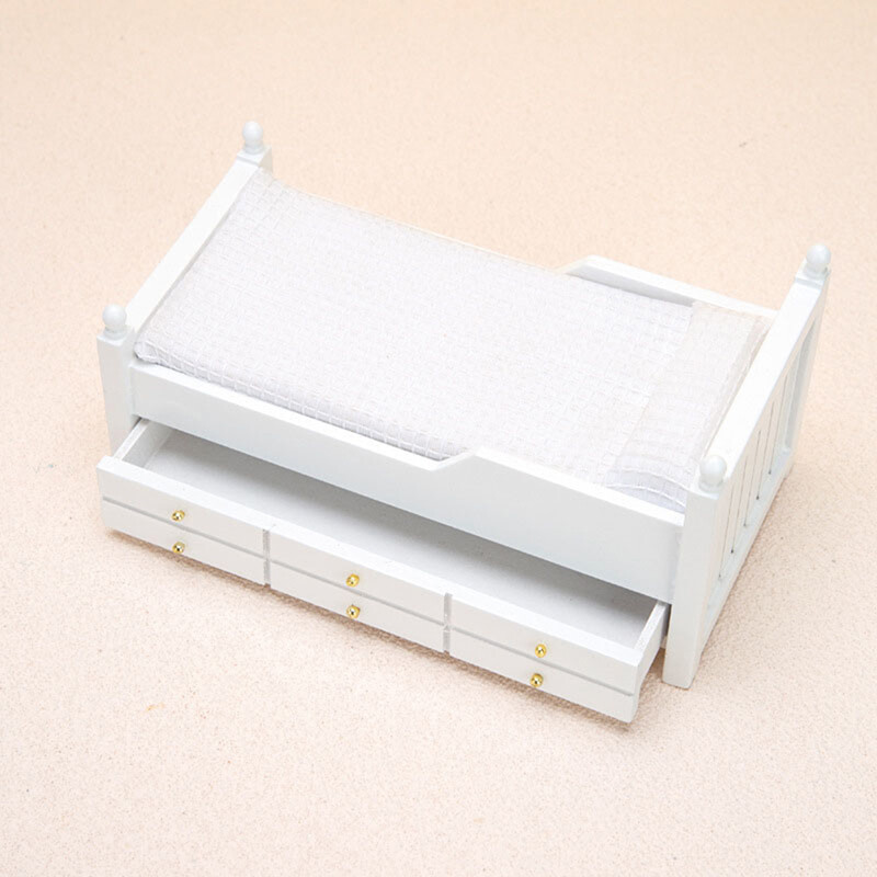 1:12 Babaház miniatűr ágy fehér európai egyszemélyes ágy fiókkal Hálószobabútor Modell dekoráció Játék babaház kiegészítők