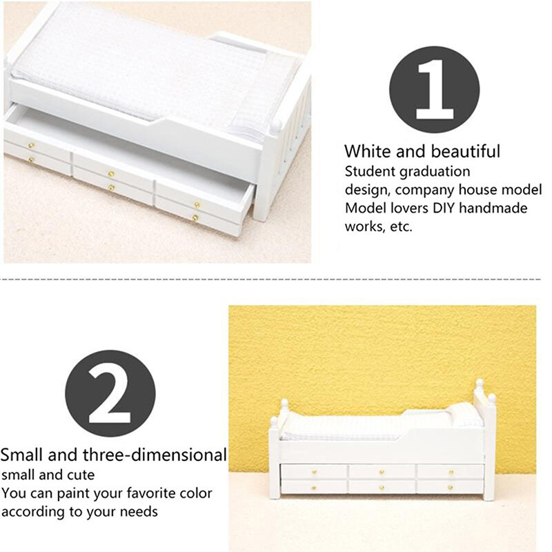 1:12 Babaház miniatűr ágy fehér európai egyszemélyes ágy fiókkal Hálószobabútor Modell dekoráció Játék babaház kiegészítők