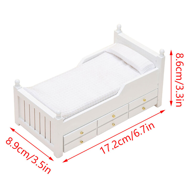 1:12 Babaház miniatűr ágy fehér európai egyszemélyes ágy fiókkal Hálószobabútor Modell dekoráció Játék babaház kiegészítők