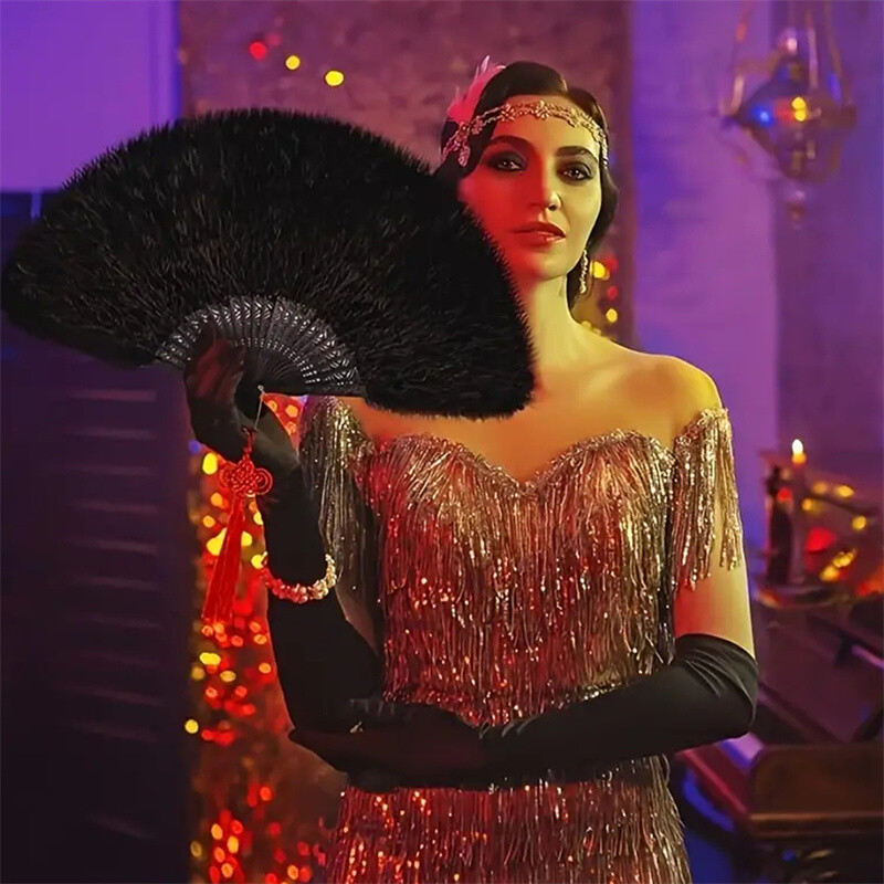 Ventilátor z pávieho peria, téma Veľký Gatsby z 20. rokov 20. storočia, doplnky pre tanečné párty a tému Veľký Gatsby, starožitný klasický skladací vejár, doplnky pre predstavenie Cheongsam.