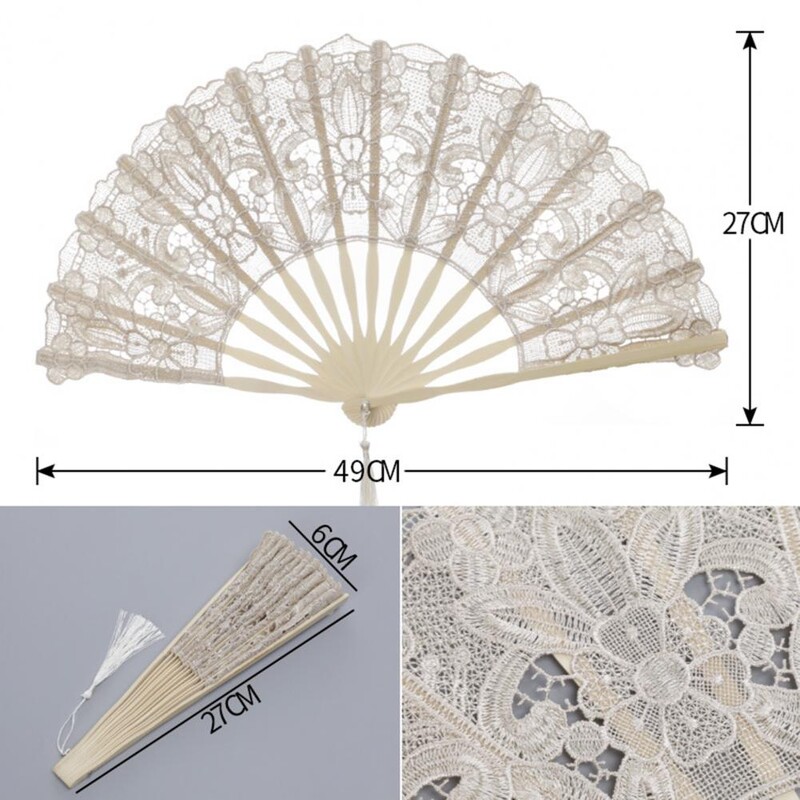 Vintage skladací vejár s čipkovým lemom a strapcovým príveskom, elegantný bambusový ručný vejár s čipkou a kvetinovým vzorom na svadobnú domácu dekoráciu