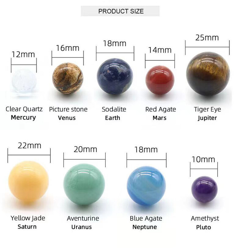 Natūralus krištolas 9 planetos rutulys saulės saulės sistema uolos kvarcas akmenys karoliukai gydomieji reiki čakra energijos sfera galaktika modelis gaublys