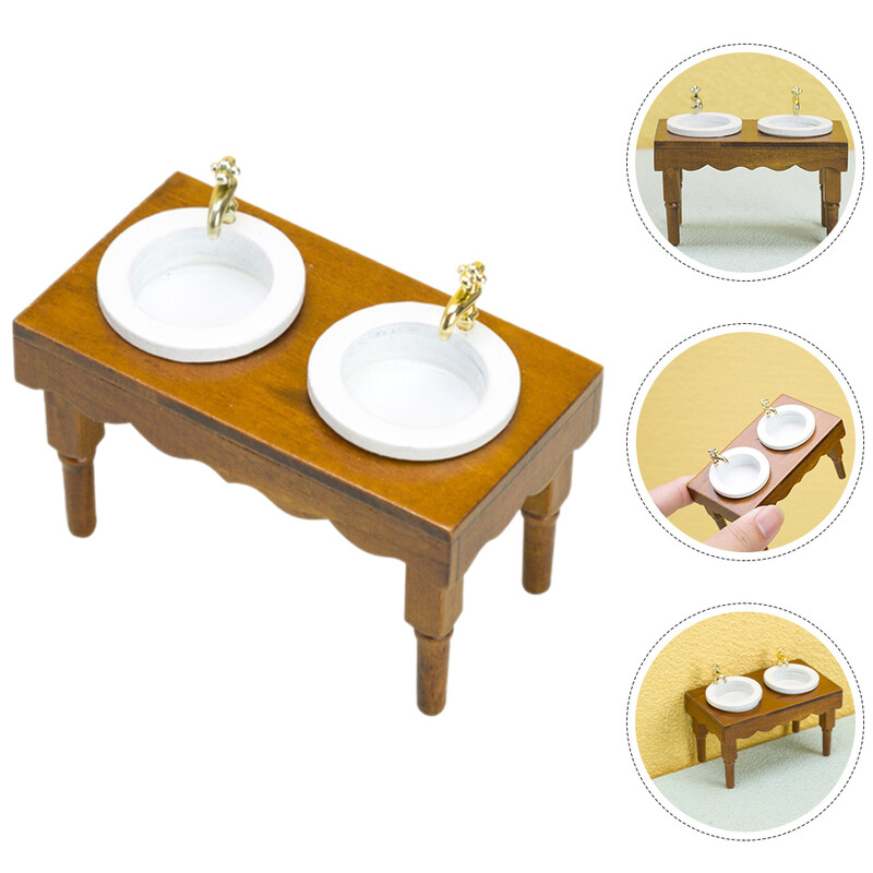 1:12 Babaház Miniatűr Bútor Fürdőszoba Jelenet Dupla mosdó Mosogató (dió színű) Mosogató Dísz Dekoráció Fa