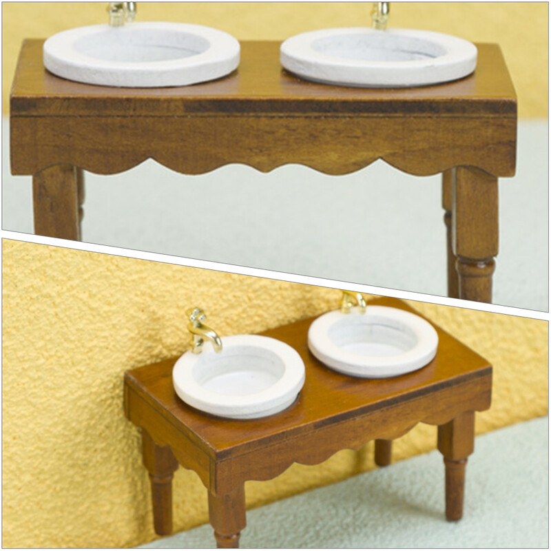 1:12 Babaház Miniatűr Bútor Fürdőszoba Jelenet Dupla mosdó Mosogató (dió színű) Mosogató Dísz Dekoráció Fa