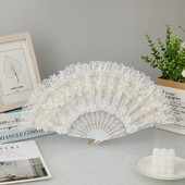 Biely ručný vejár Lolita s čipkou, retro štýl, skladací vejár s čipkou, plastová rukoväť s perlovou nevestou, ručný vejár