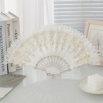 Λευκή Lolita Lace Hand Fan Retro Court Style Handheld Lace Fin Fan Handled Plastic Handled with Pearl Bride Hand Fan Party