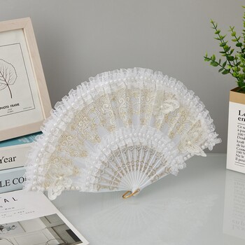 Λευκή Lolita Lace Hand Fan Retro Court Style Handheld Lace Fin Fan Handled Plastic Handled with Pearl Bride Hand Fan Party