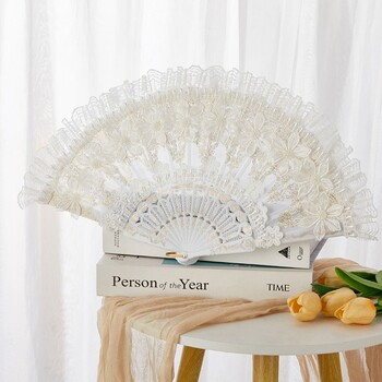 Λευκή Lolita Lace Hand Fan Retro Court Style Handheld Lace Fin Fan Handled Plastic Handled with Pearl Bride Hand Fan Party