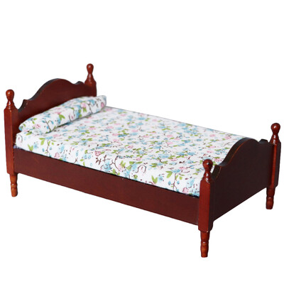 1 ks 1:12 drevený nábytok do spálne s jednou posteľou, miniatúrna posteľ s vreckom pre deti, tmavohnedý