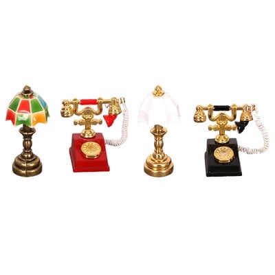 Miniatūra lampa un rotācijas tālruņa komplekts leļļu mājai, 1/12 mēroga galda lampa un tālruņa modelis