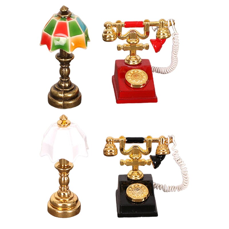 Miniatúrna lampa a otočný telefón do domčeka pre bábiky, model stolovej lampy a telefónu v mierke 1/12