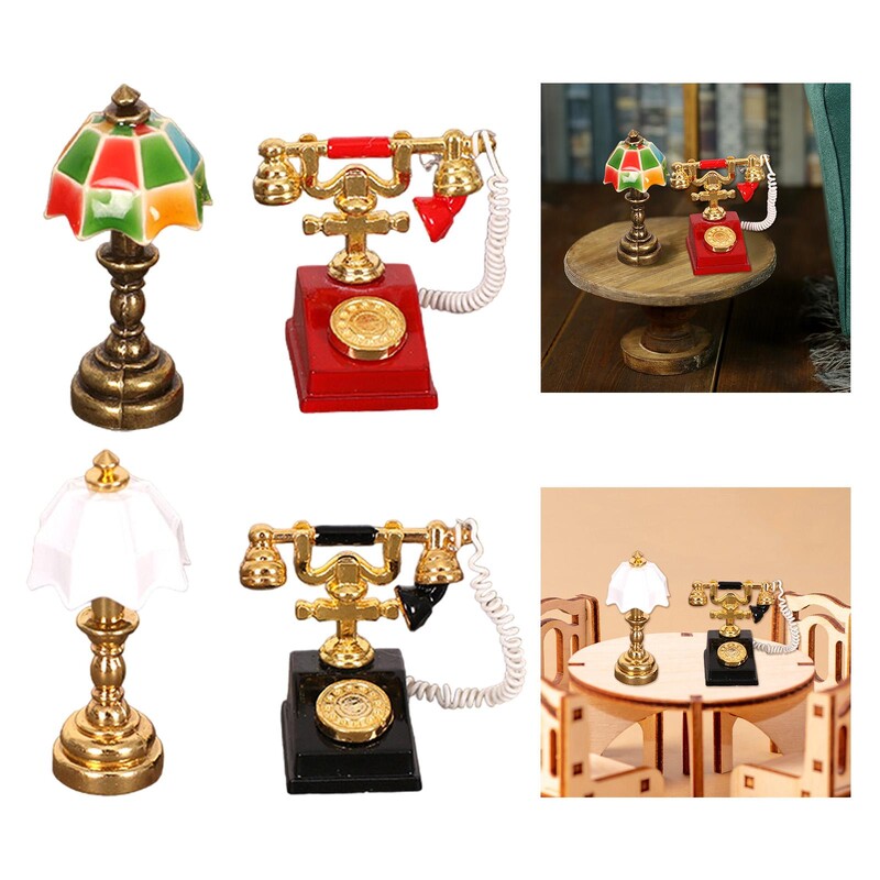 Miniatúrna lampa a otočný telefón do domčeka pre bábiky, model stolovej lampy a telefónu v mierke 1/12