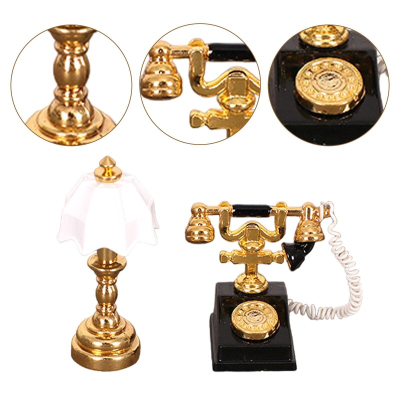 Miniatúrna lampa a otočný telefón do domčeka pre bábiky, model stolovej lampy a telefónu v mierke 1/12