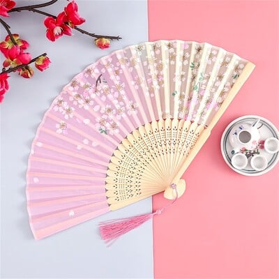 Vintage hodvábny skladací ručný ventilátor, čínsky japonský bambusový ventilátor, remeselné darčeky, dámske tanečné rekvizity, bytové dekorácie, ozdoby