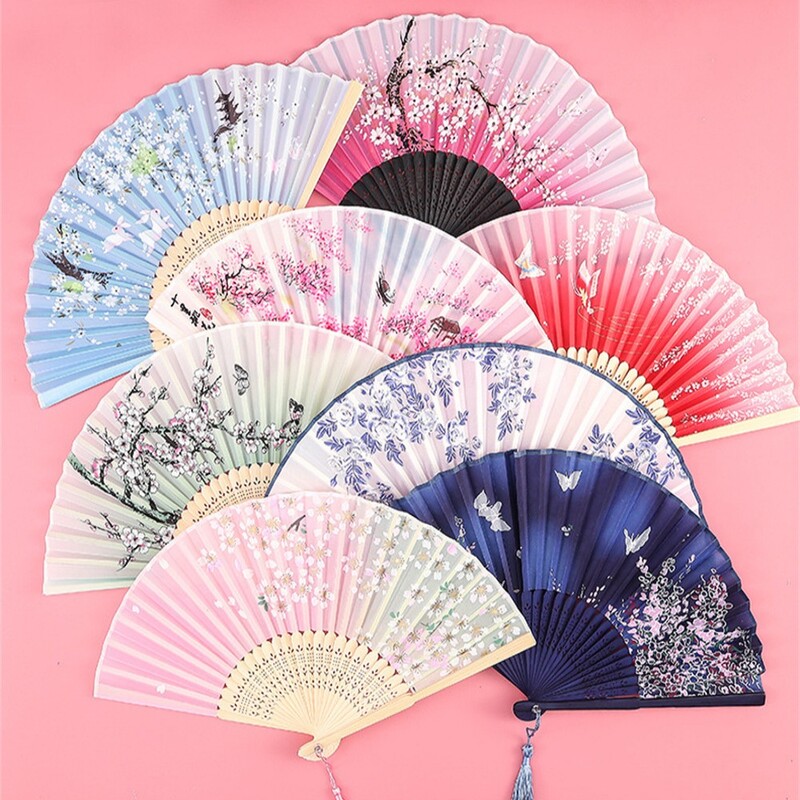 Vintage hodvábny skladací ručný ventilátor, čínsky japonský bambusový ventilátor, remeselné darčeky, dámske tanečné rekvizity, bytové dekorácie, ozdoby