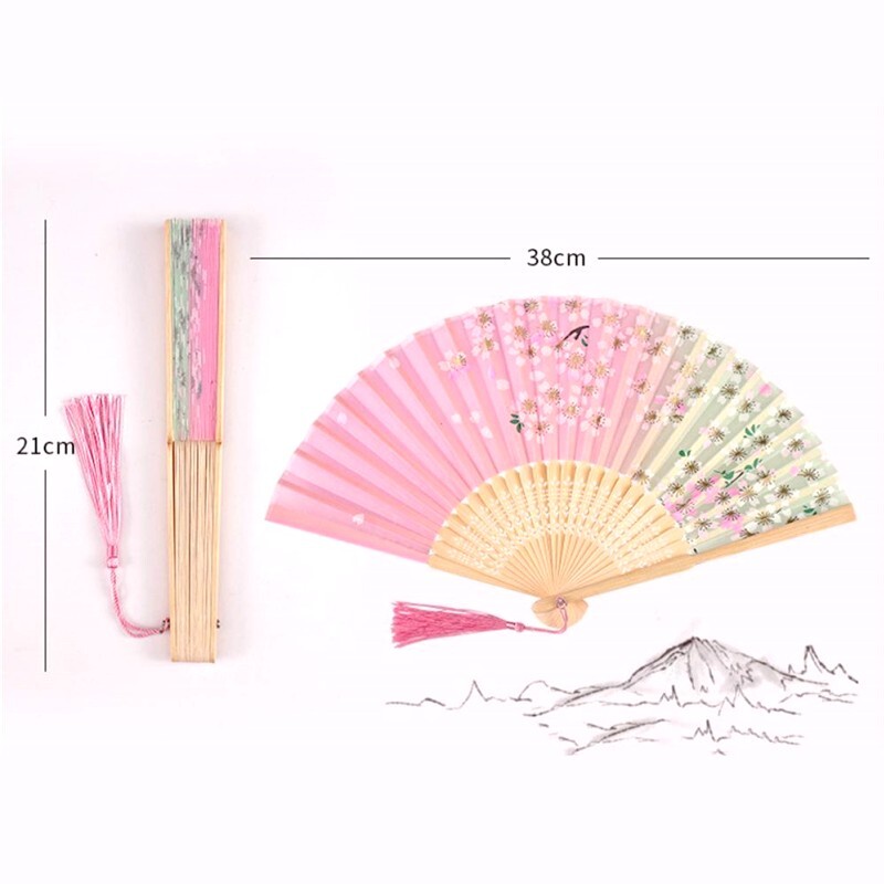 Vintage hodvábny skladací ručný ventilátor, čínsky japonský bambusový ventilátor, remeselné darčeky, dámske tanečné rekvizity, bytové dekorácie, ozdoby