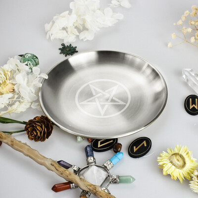 Wicca Пентаграм Олтар Свещ Тамян Астрология Луна Звезда Фаза Сребърен държач Метатрон Свещник Пентаграма Чиния Бижута Ястие