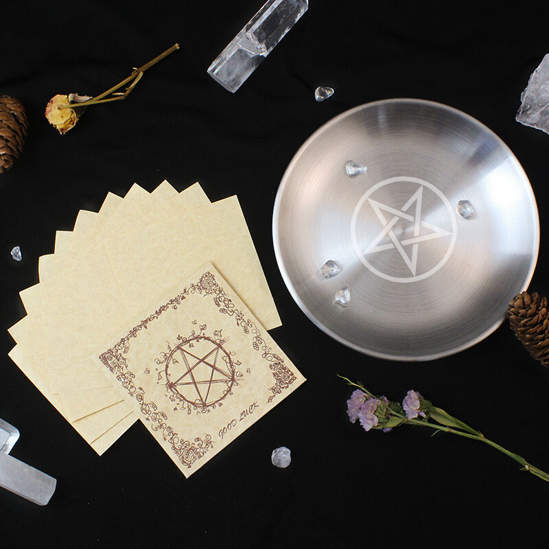 Wicca pentagram oltárna sviečka kadidlo astrológia mesiac hviezdna fáza strieborný držiak Metatron svietnik pentagram tanier šperky miska