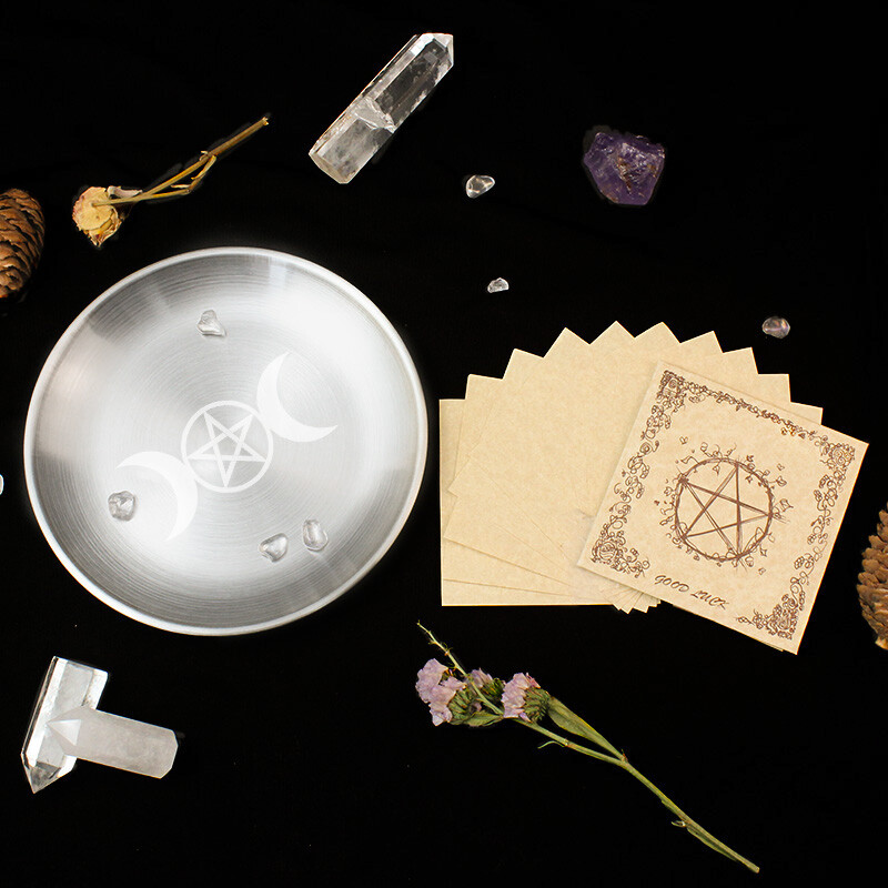 Wicca pentagram oltárna sviečka kadidlo astrológia mesiac hviezdna fáza strieborný držiak Metatron svietnik pentagram tanier šperky miska