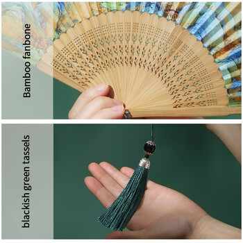 Folding Hand Rave Fan Satin Fabric Art Colorful Reflective Foldable Bamboo Fan Music Festival Fan Dance Fan with Tassels