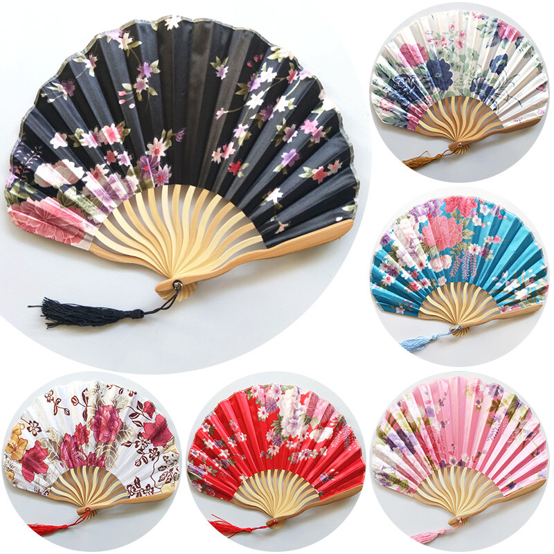1 ks japonský štýl retro vejár v tvare mušle z hodvábnej látky bambusové skladacie vejáre svadobné ručné vejáre jednostranný kvet zakrivený vejárovitý