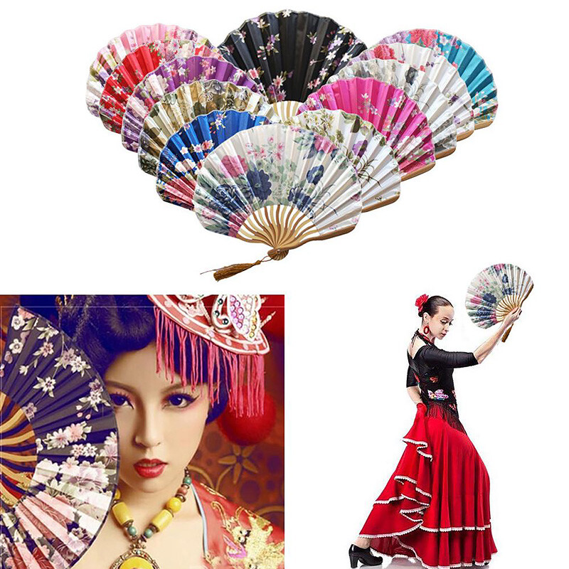 1 ks japonský štýl retro vejár v tvare mušle z hodvábnej látky bambusové skladacie vejáre svadobné ručné vejáre jednostranný kvet zakrivený vejárovitý