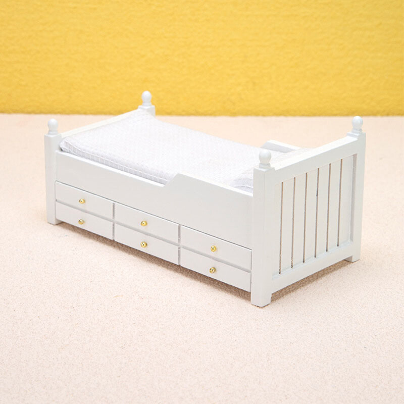 1:12 Domček pre bábiky Miniatúrna posteľ Biela európska jednolôžková posteľ so zásuvkou Spálňový nábytok Model Dekor Hračka Domček pre bábiky Príslušenstvo
