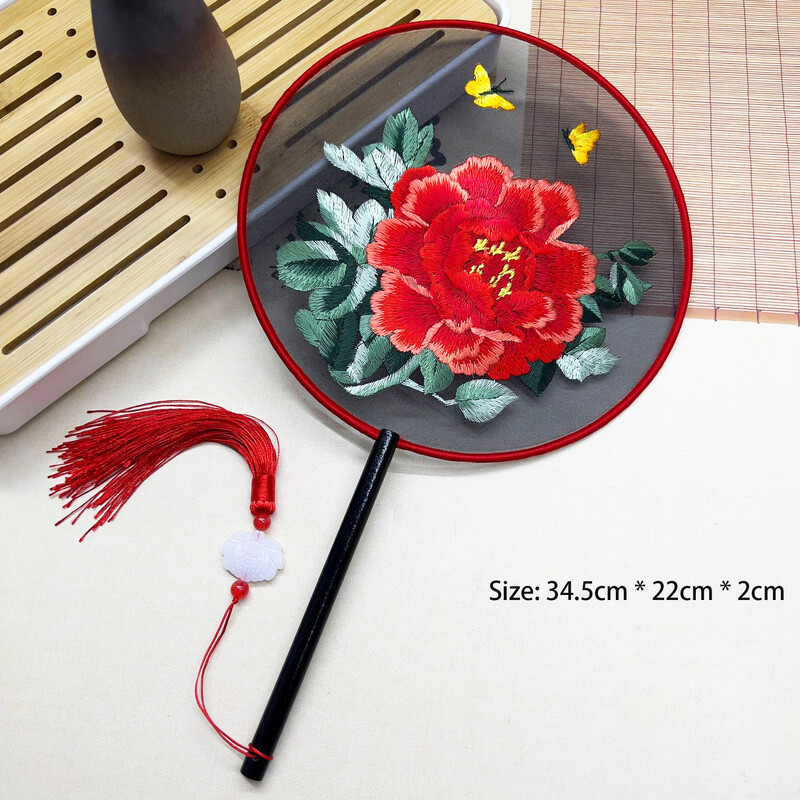 Китайски стил бродерия Tuanfan Hanfu Двустранно антично танцово ветрило Женско Cheongsam Catwalk Пискюл Кръгла ветрило с дълга дръжка