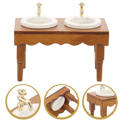 1:12 Domček pre bábiky Miniatúrny nábytok Kúpeľňová scéna Dvojité umývadlo Umývadlo Ornament Domáca dekorácia Model Drevená dekorácia Dodávka