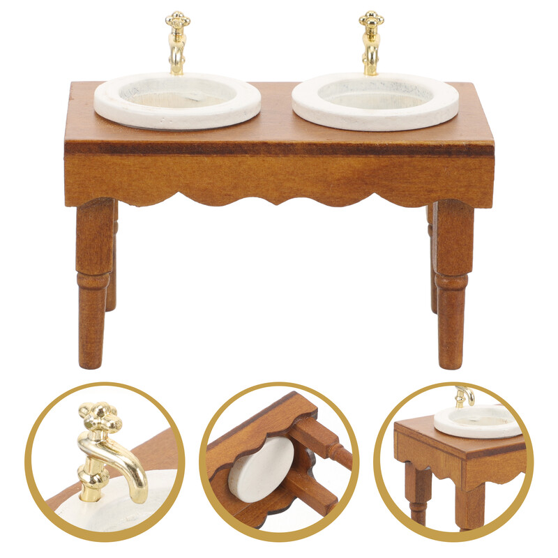 1:12 Domček pre bábiky Miniatúrny nábytok Kúpeľňová scéna Dvojité umývadlo Umývadlo Ornament Domáca dekorácia Model Drevená dekorácia Dodávka