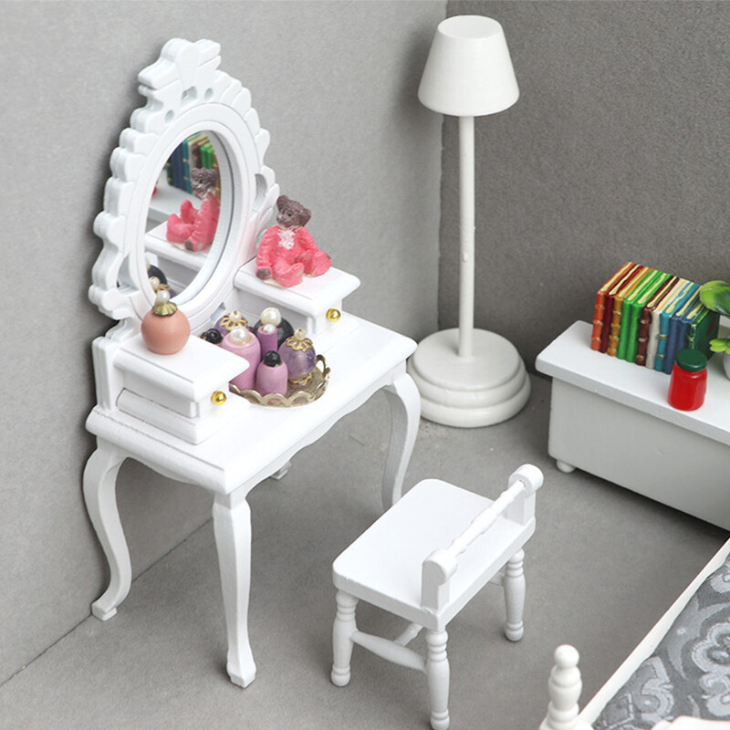 2 ks 1/12 miniatúrny stolík so zásuvkami pre bábiky, vintage komoda, stolička, nábytok pre domácnosť