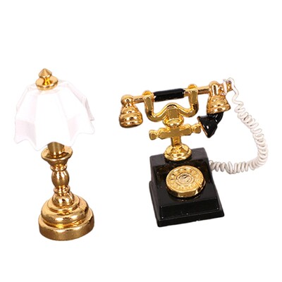 Babaház miniatűr lámpa és forgó telefonkészlet 1:12 retro mikrotájhoz