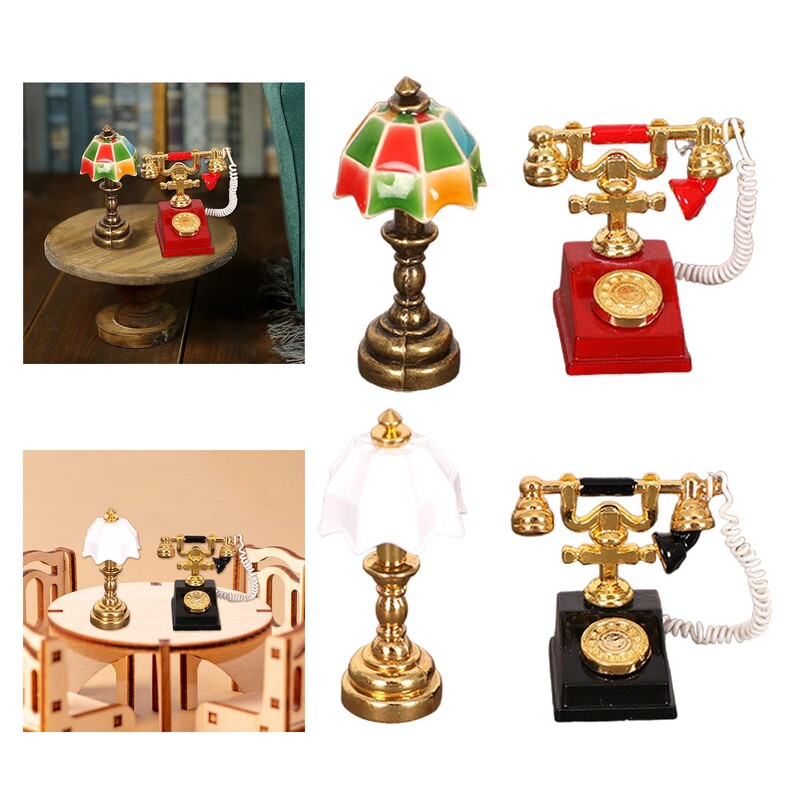 Babaház miniatűr lámpa és forgó telefonkészlet 1:12 retro mikrotájhoz