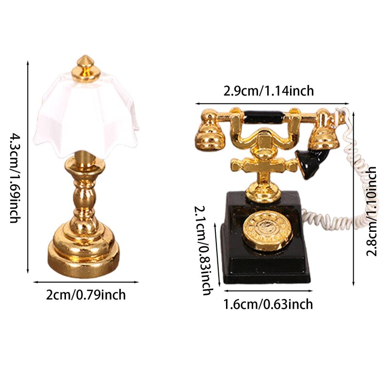 Babaház miniatűr lámpa és forgó telefonkészlet 1:12 retro mikrotájhoz