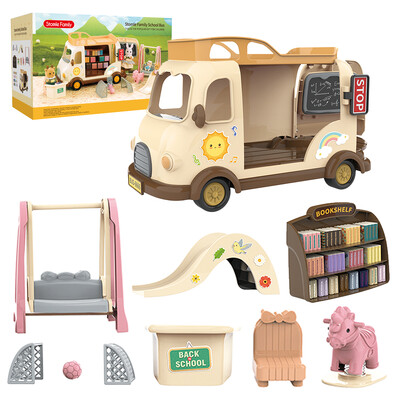 Lėlių namelio miniatiūriniai baldai 1/12 Miško šeimos zuikis mokyklinis autobusas Šiaurės elnių lėlės modeliavimo priedai Žaidimų namelis mergaitei Dovana