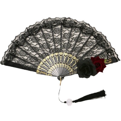 Vintage Eiropas rožu mežģīņu saliekamais ventilators Retro tumši gotisks roku ventilators kāzu ballīšu dekorēšanai fotoattēlu rekvizītu Cosplay šova deju ventilators