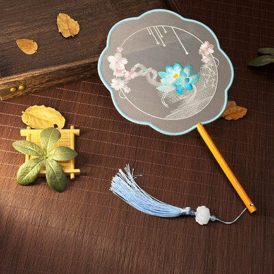 Kétoldalas hímzett legyezőkör és kör alakú FanDance FanSu hímzett FanCheongsam FanAntik legyezőkHanfu FanRetro ventilátor