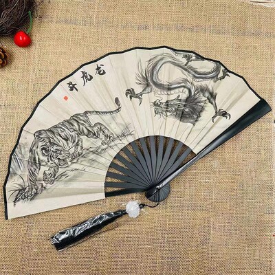 Retro Dragon Folding Fan National Style Man Woman Hanfu Ρετρό φορητός ανθεκτικός ανεμιστήρας διπλής όψης μοτίβο μεταξωτό πανί 8 ιντσών