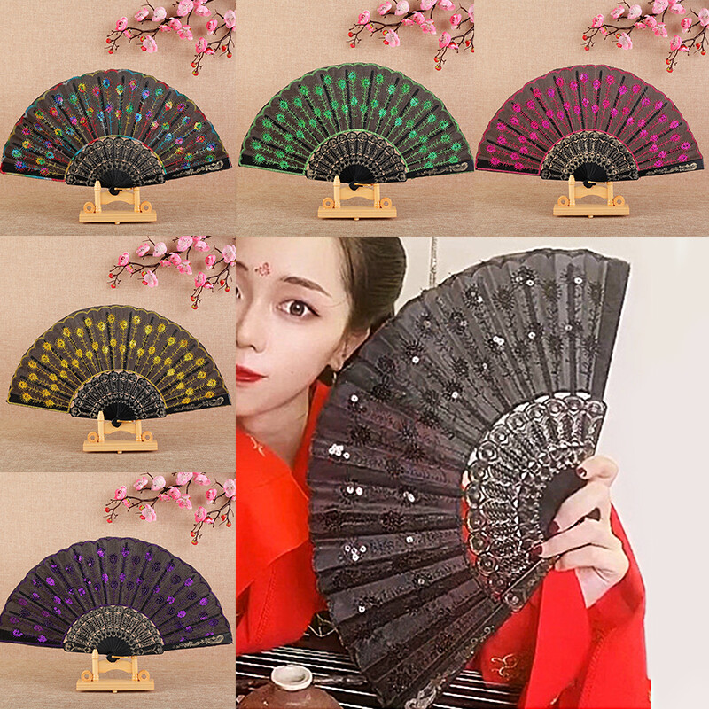 1 бр. Ретро бродерия с пайети Сгъваем вентилатор Блестящ дизайн на паунова опашка Ръчен вентилатор Декоративни занаяти Сценична игра Изпълнения Танцов вентилатор
