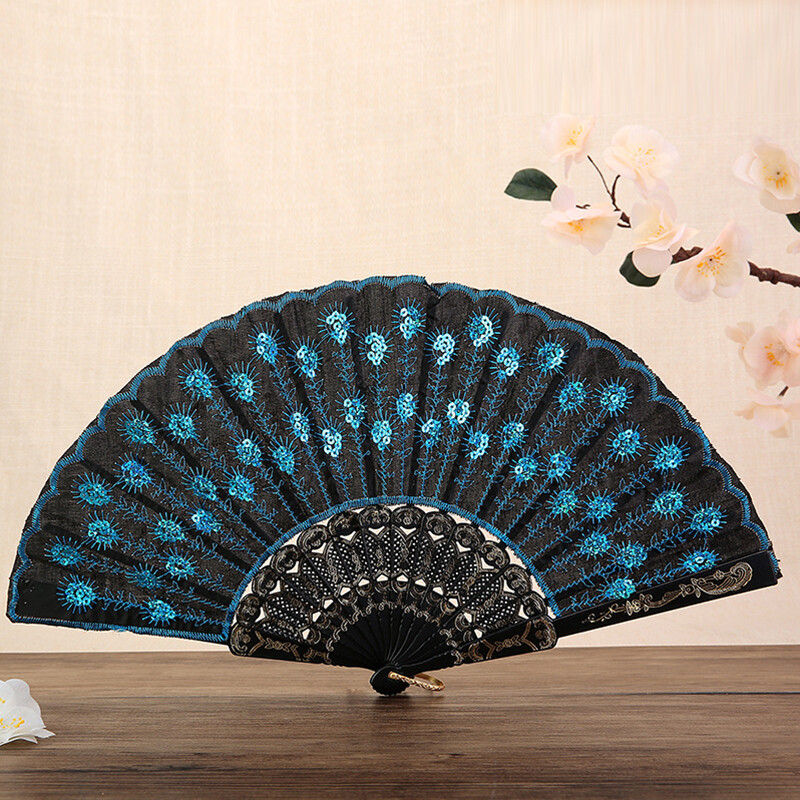1 бр. Ретро бродерия с пайети Сгъваем вентилатор Блестящ дизайн на паунова опашка Ръчен вентилатор Декоративни занаяти Сценична игра Изпълнения Танцов вентилатор
