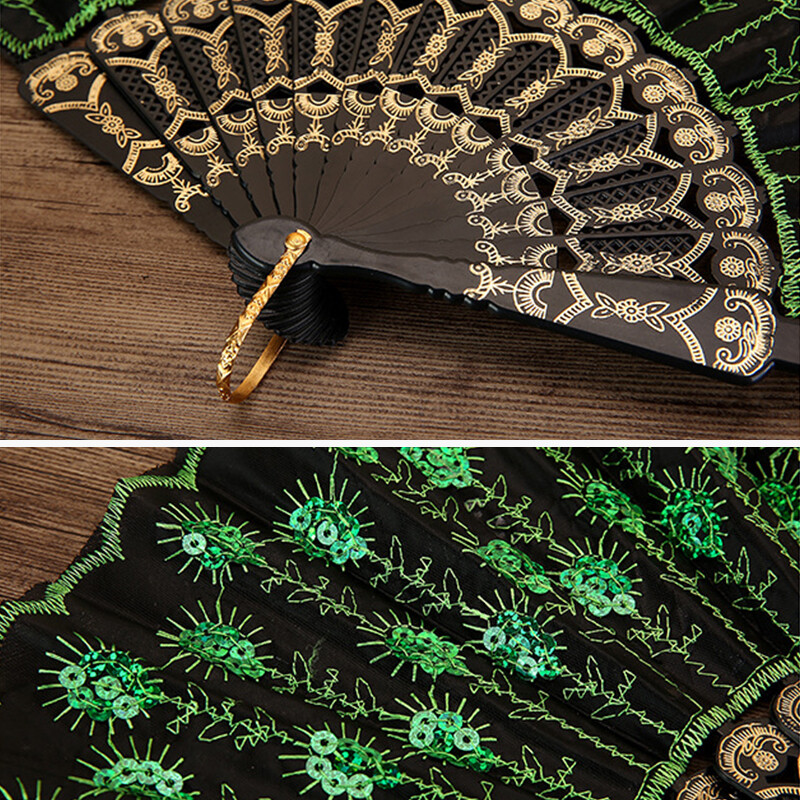 1 бр. Ретро бродерия с пайети Сгъваем вентилатор Блестящ дизайн на паунова опашка Ръчен вентилатор Декоративни занаяти Сценична игра Изпълнения Танцов вентилатор