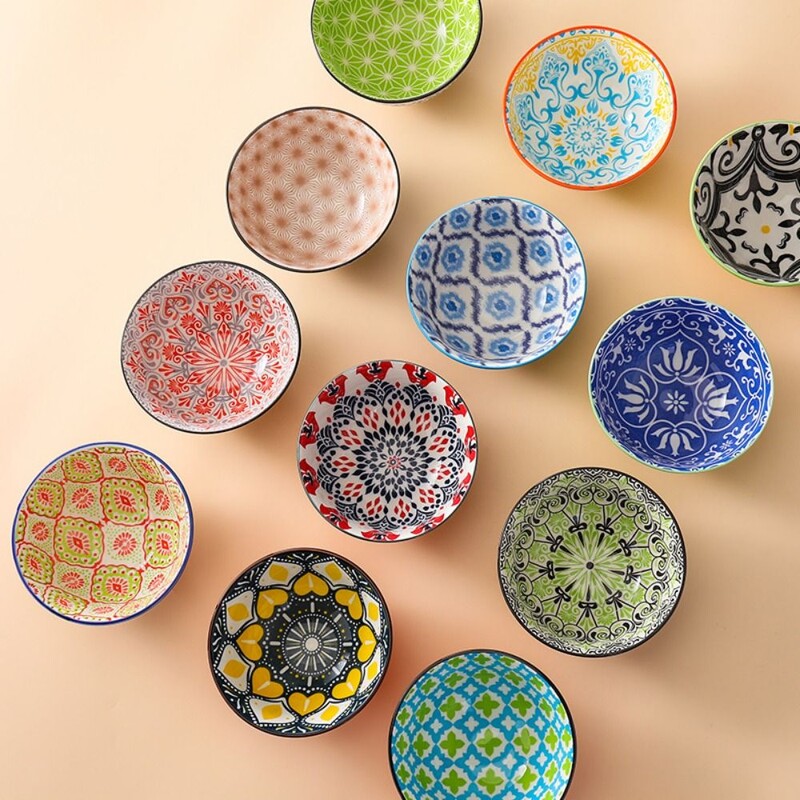 Bohém stílusú színes kerámia tál máz alatti kerek rizstál háztartási teáscsésze fűszerezés mártogatós tál konyhai étkészlet