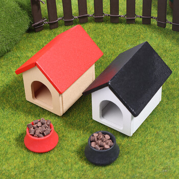 1:12 Dollhouse Miniature Kennel Doghouse Dog Basin Dog Food Furniture Model Decor Toy Doll House Accessories