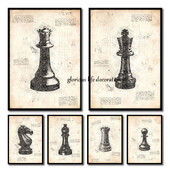 Regele Regina Cavalerul Episcop Rook Pion Piese de șah Schiță Poster Tablă de șah Imprimare pe pânză Poză de perete pentru decorarea camerei