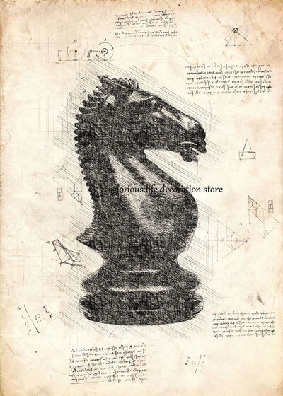 Regele Regina Cavalerul Episcop Rook Pion Piese de șah Schiță Poster Tablă de șah Imprimare pe pânză Poză de perete pentru decorarea camerei