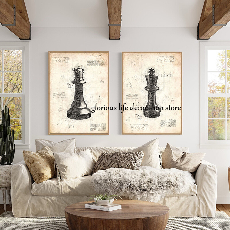 Regele Regina Cavalerul Episcop Rook Pion Piese de șah Schiță Poster Tablă de șah Imprimare pe pânză Poză de perete pentru decorarea camerei