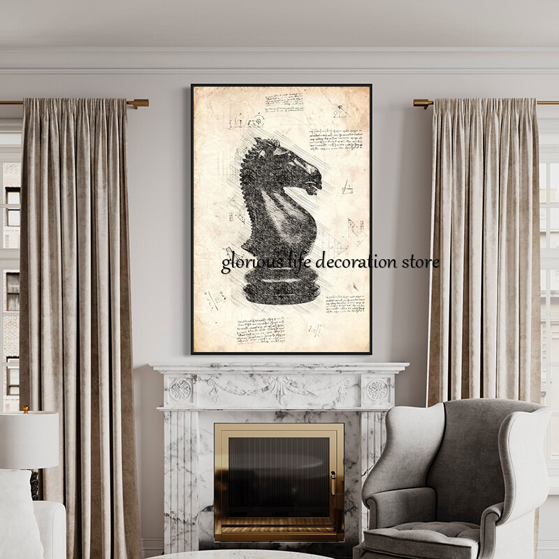 Regele Regina Cavalerul Episcop Rook Pion Piese de șah Schiță Poster Tablă de șah Imprimare pe pânză Poză de perete pentru decorarea camerei